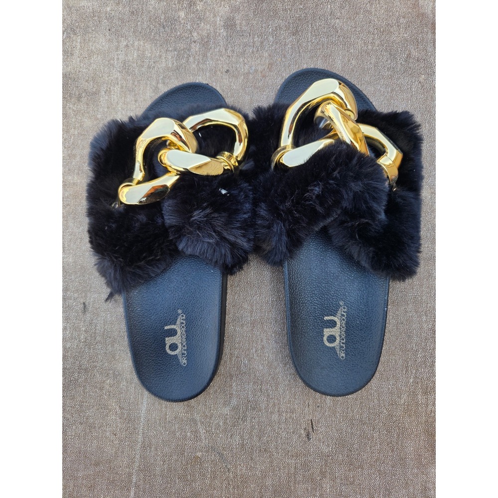 Air Underground Black Faux Fur Slides Gold Chunky Chain Sandals Womens 13 Large
